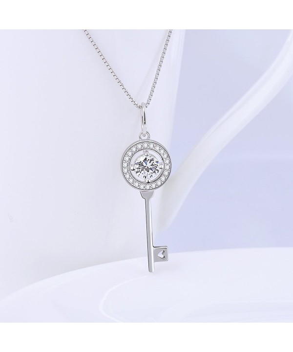 Sterling Silver Round Cz Heart Key Pendant Necklace 18