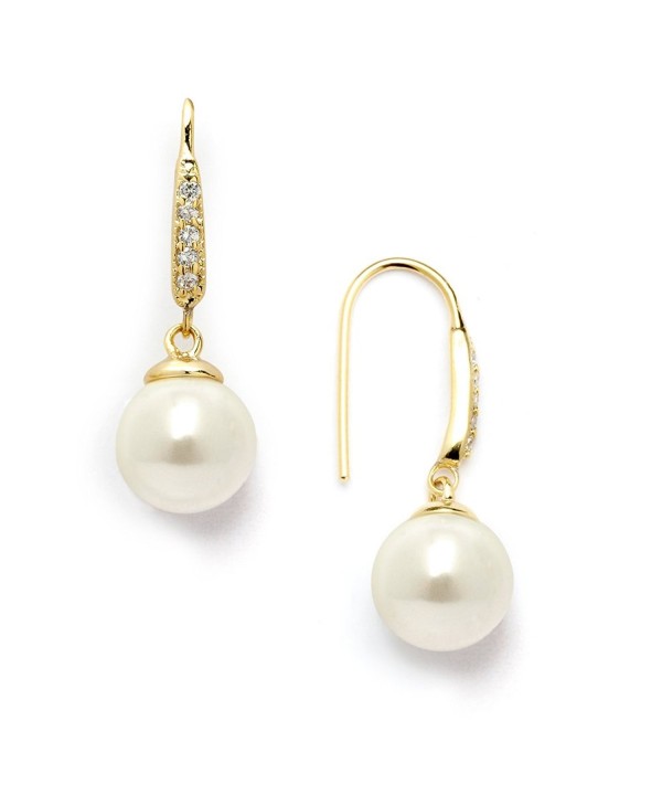14K Gold Plated Vintage French Wire Ivory Pearl Drop Earrings with Pave ...